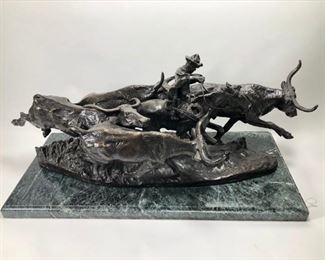 12.  Fredric Remington "Stampede" Museum Replica Bronze Casting on Green Marble Base.  24" x 11" x 10 
$2800.00.