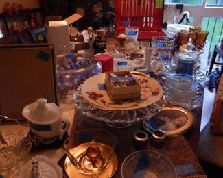 Dining table full of items for entertaining. Platters, crystal cake dish, Marquis Waterford vases. And so much more!!!