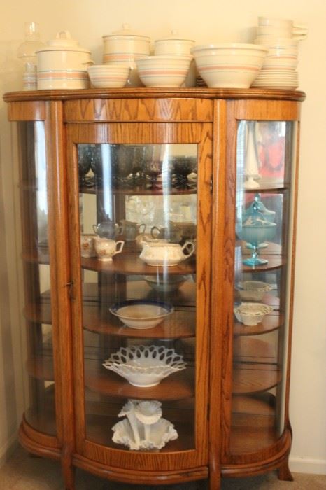 Oak Curio Cabinet, Vintage Milk Glass, Fenton, Crystal, Vintage Pottery