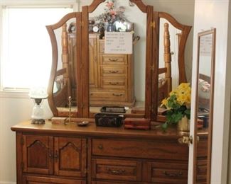Oak Dresser & Mirror, Vintage Lamp
