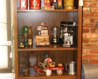 Vintage Prince Albert Tobacco Tins, Cast Iron Coca Cola Wagon, Vintage California Raisin, Bookcase, Camping Lanterns - Some Brand New