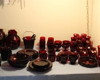 Royal Ruby Vases, Plates, Decanter, Pitcher, Sherbert Glasses, Bowls (large and small), Depression Glass