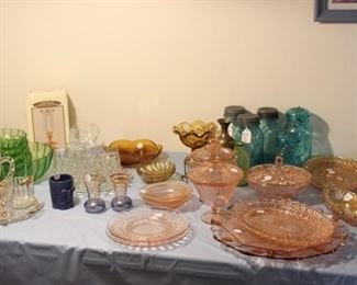 Depression Glass, Vintage Blue Ball Jars, Vintage Floragold Louisa Bowls & Dishes, Vintage Amber Glassware