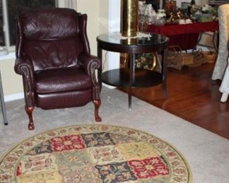 LEATHER RECLINER, ROUND AREA RUG