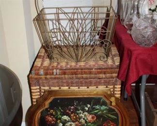WICKER HAMPER, METAL MAGAZINE RACK, PLATTER
