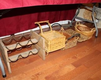2 WINE RACKS, WICKER BASKETS