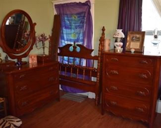 Beautiful Lillian Russel Bedroom set complete with Bed and Rails, 4 Drawer Chest of Drawers and Dresser with Ox Bow Mirror