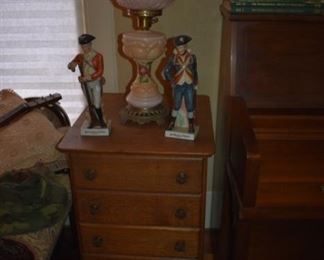 Antique Gone with the Wind Lamp, Vintage Colonial Figurines and an Antique 5 Drawer Sheet Music Cabinet
