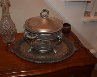 Antique Silver and Footed Chaffing Dish with warmer and Tray