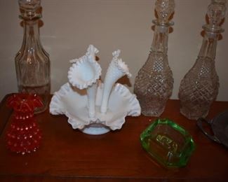 Antique Milk Glass Epergne with Gorgeous Hobnail Flutes and Basket all with Ruffled Edges also Glass Decanters and Antique Hobnail Vase plus an highly unusual and Beautiful Green Vaseline Glass/Uranium Glass Ashtray