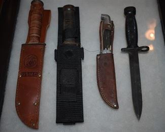 Collection of Hunting Knives and Sheaths plus Antique Bayonet