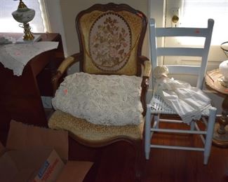 Antique Victorian Chair plus Antique Ladder Back Chair, and a Gorgeous Crocheted Table Cloth, Doll, and an Antique Table Lamp with Beautiful Milk Glass Base with Swans and Hobnail in Relief
