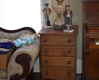 Beautiful Gone with the Wind  Lamp with Horseless Carriage in Relief on the Globe! plus Colonial Figurines and Gorgeous Antique 4 Drawer Utility  Chest