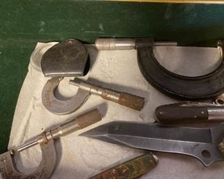 Tool box with assorted knives and assorted precision measuring pieces