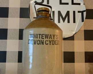 WHITEWAY'S DEVON CIDER Vintage Stoneware 2 Gallon Jug and "Speed Limit" Sign Wall Hanger Art
