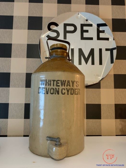 WHITEWAY'S DEVON CIDER Vintage Stoneware 2 Gallon Jug and "Speed Limit" Sign Wall Hanger Art