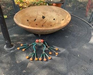Primitive Wood Bowl and Metal Tree Frog Yard Art