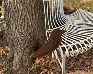 Vintage Semi-Circle Metal Tree Bench and Metal Yard Art Perched Bird