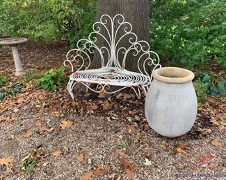 Vintage Metal Garden Bench and Large Poured Concrete Planter