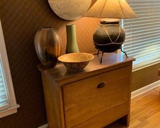 Signed Pottery Pieces with Antique Grain Storage Bin