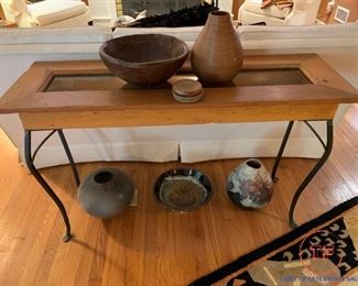 Contemporary Sofa Table with Center Display Cabinet - Signed Pottery Pieces