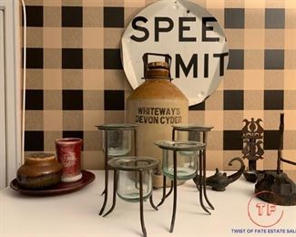 WHITEWAY'S DEVON CIDER Vintage Stoneware 2 Gallon Jug and "Speed Limit" Sign Wall Hanger Art by BORIS BALLY
