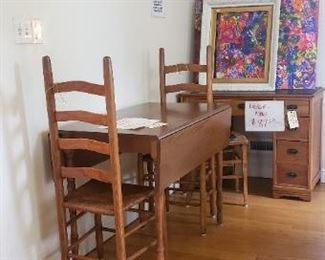Drop leaf table $112.50
Ladder back chairs $37.50 each
Desk $87.50
Canvas Art $10 each