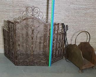 Fireplace Screem and Log Holder with Tongs