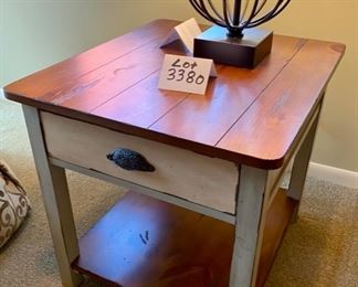 Lot 3380 $175.00. Flexsteel Occasional Side Table with Dovetailed Drawer, Gray With Wood Plank Top, very attractive.  26" L x 23" W x 23.5" H	
