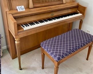 Lot 3383  $425.00. Wurlitzer Concert Console Piano Made in "USA" Serial # 1094346 with Matching Bench Circa 1969-1970.  Piano: 56" L x 24" D x 41.5" H Bench: 32" L x 14" W x 19" H	