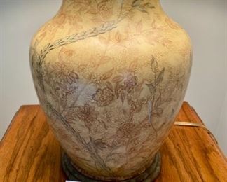 Lot 3387  $225.00. Wildwood Lamp, very nice matte finish pottery base. Shade has some tears inside but not visible from the outside.	Base: 15" H x 11" W, 30" H to top of shade.