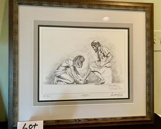 Lot 3390  $275 for both.  "Divine Servant" Pencil Drawing Litho of Jesus washing the feet of Peter.  Pencil signed #1760  by Artist Max Greiner, Jr. on 3/20/1992.  In addition the same image in sculpture form, Bronze Color Resin 1/6 life-size measures 9" L x 7" H.	27.5" W x 24.5" H	