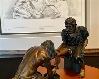 Lot 3390  $275 for both.  "Divine Servant" Pencil Drawing Litho of Jesus washing the feet of Peter.  Pencil signed #1760  by Artist Max Greiner, Jr. on 3/20/1992.  In addition the same image in sculpture form, Bronze Color Resin 1/6 life-size measures 9" L x 7" H.	27.5" W x 24.5" H	