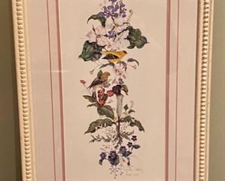 Lot 3392 $75.00.  Limited Edition 445/500 Botanical Print with Yellow Birds. Signed and Numbered by Artist Cyndy Callog	24" H x 14.5" W	