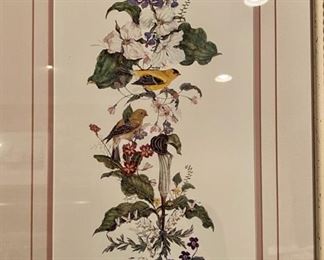 Lot 3392 $75.00.  Limited Edition 445/500 Botanical Print with Yellow Birds. Signed and Numbered by Artist Cyndy Callog	24" H x 14.5" W	