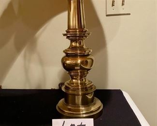 Lot 3395. $195 for pair. Vintage Pair of Solid Brass MCM Stiffel Lamps and Original Stiffel Lampshades in Excellent Condition.	30" H x 7" round base