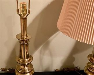 Lot 3395. $195 for pair. Vintage Pair of Solid Brass MCM Stiffel Lamps and Original Stiffel Lampshades in Excellent Condition.	30" H x 7" round base
