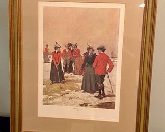 Lot 3389  $75.00  Vintage Golf Print framed at "Old Golf Shop" entitled "Mixed Foursome". Small paint issue on top of frame.	22" W  x  27" H.	