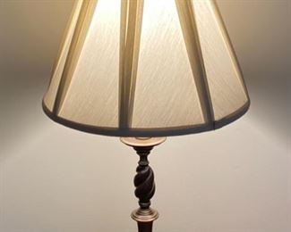 Lot 3401 $95.00  Shoal Creek Table Lamp with Silk Shade in Antique Brass and Wood Base  30" H to top of finial.	