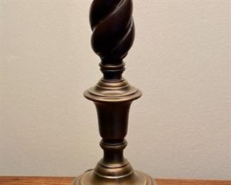 Lot 3401 $95.00  Shoal Creek Table Lamp with Silk Shade in Antique Brass and Wood Base  30" H to top of Finial.	