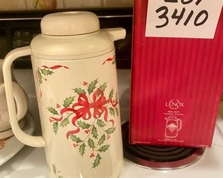 Lot 3410. $25.00. Mr. Coffee (cute little 4 cup coffee maker, great condition), a sweet stoneware creamer & sugar bowl, and Last, a Lenox Holiday Thermal Carafe in orig. box, looks to be in superb condition and does not appear to have been used.