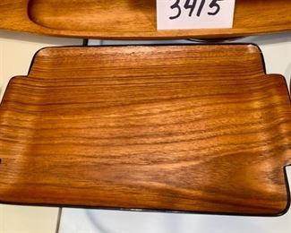Lot 3415 $45.00  Serving Lot of: 1. Teak Wood Tray Perfect for Sushi, Made in Japan, 13.5" L x 8.25" W  2. Teak Serving Tray Made in Haiti 23" x 6"  3.  2" High Round Monkey Wood Nut Bowl 7" Diam. x 2" H  4. Set of Steak 6 Knives, Scandinavian Style.	13.5" L x 8.25" W