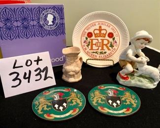 Lot 3432. $40.00. Wedgwood "The Silver Jubilee" H.M. Queen Elizabeth II, Two "King" Coasters, F.G. Doughty Royal Worchester Boy w/Cat Figurine, Toby Like Creamer KSP England