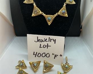 Jewelry Lot 4000-F. $38.00. Unbranded Parure Set:  1 Necklace Gold-tone, with assorted rhinestones, 17" long, Matching 7" Bracelet, and 1 pair of earrings matching as well.  Ooh La La!  orig. 1131