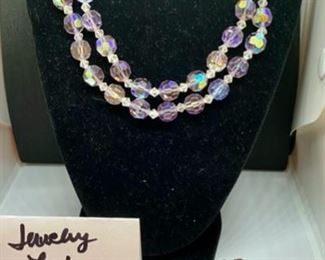 Jewelry Lot 4000-G.$28.00  Gorgeous 3 pc. Set of Lavender and Clear Crystal Beaded 2 Strand Necklace, Stretchy Bracelet and earrings.  