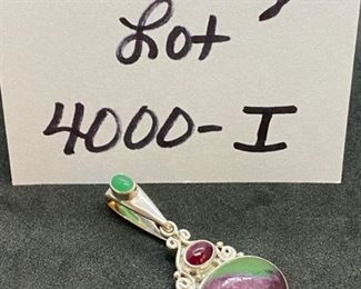Jewelry Lot 4000-I $75.00. Two Lovely Sterling Silver SAJEN pendants.  One is Mother of Pearl Floral with blue Stone in Center and atop the flower.  Second is Another Pendant with Purple and Turquoise Stone and Amethyst stone above the major stone.   SH