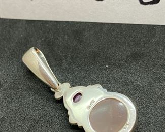 Jewelry Lot 4000-J $50.00  Two SAJEN Sterling Silver Pendants:  1.  3" Blue Stone with swirls and 2 Stones above the large one., and 2.  Rose quartz carved moon goddess face - with two amethyst stones above.  SH