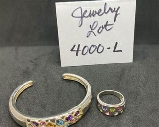 Jewelry Lot 4000-L. $45.00. Sterling Silver Cuff & Matching Sterling Ring Sz. 7-1/2.  Cuff about 6.5" with 16 beautiful colorful stones.  Ring has 9 Stones.  SH