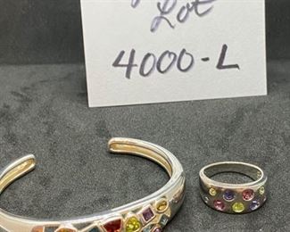 Jewelry Lot 4000-L. $45.00. Sterling Silver Cuff & Matching Sterling Ring Sz. 7-1/2.  Cuff about 6.5" with 16 beautiful colorful stones.  Ring has 9 Stones.  SH