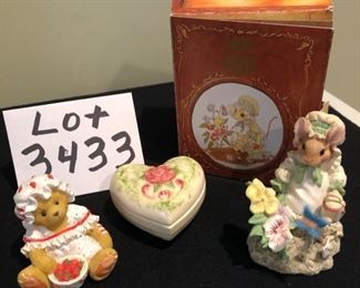 Lot 3433.  $15.00.  Pricilla Hillman "Mary, Mary, Quite Contrary" (with box), Priscilla Hillman "Tara You're My Berry Best Friend", Heart shaped footed trinket box (2"x3")